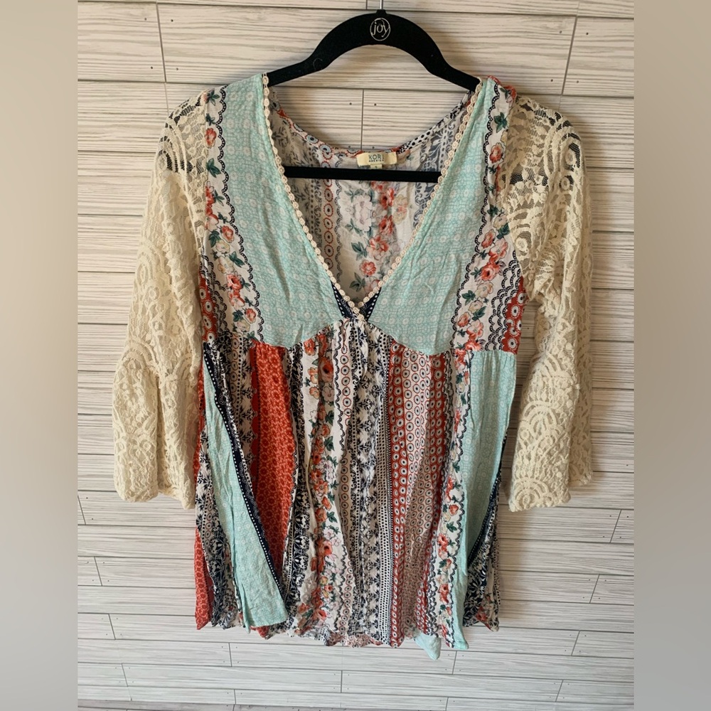 Kori America Bohemian Lace Patchwork top blouse shirt